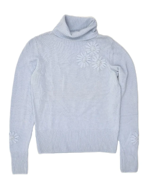Best Bargains VINTAGE Womens Roll Neck Jumper Sweater UK 10 Small Blue Floral