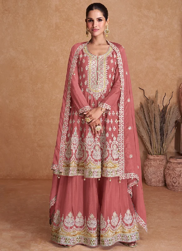 Warehouse Sale Peach Multi Embroidery Wedding Gharara Style Suit