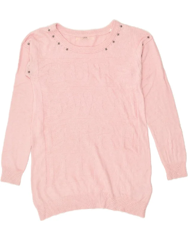 Friends and Family Sale GUESS Womens Longline Graphic Boat Neck Jumper Sweater UK 6 XS Pink Cotton