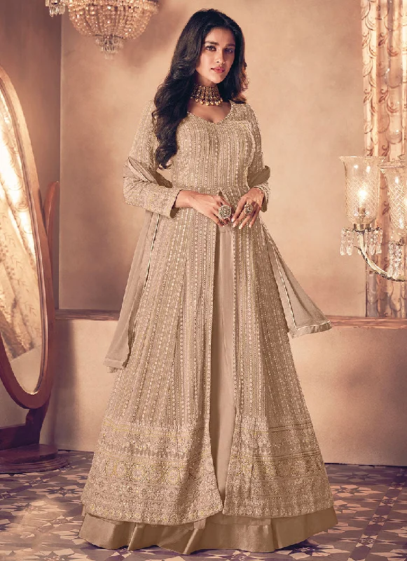 Seasonal Sale Beige Traditional Sequence Embroidered Wedding Anarkali Lehenga
