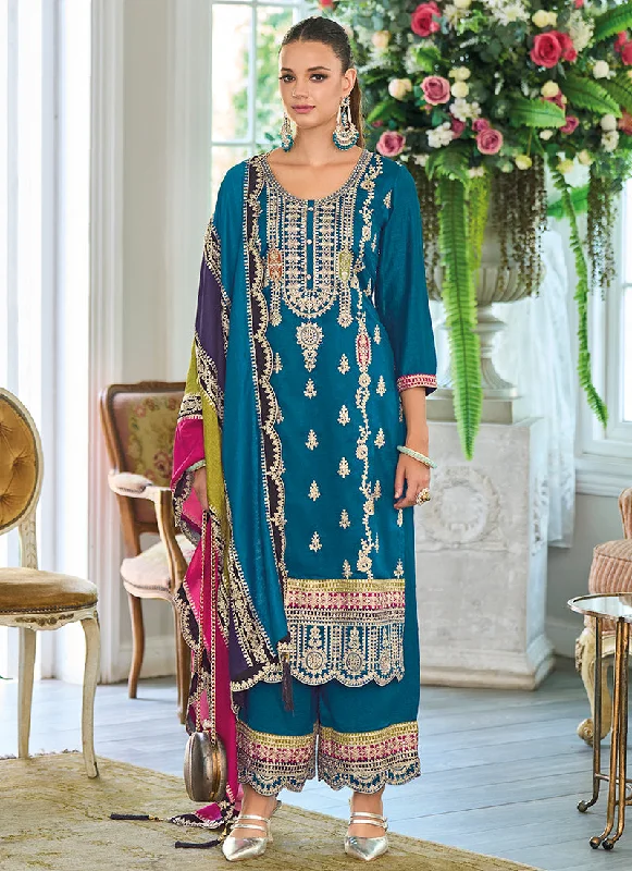 Final Markdown Turquoise Multicolored Traditional Embroidery Pant Style Suit