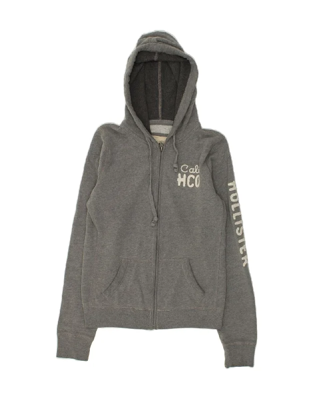 Super Bargain HOLLISTER Womens Graphic Zip Hoodie Sweater UK 12 Medium Grey Cotton