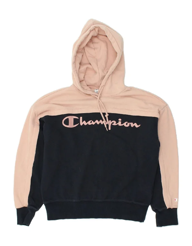 Buy Now CHAMPION Womens Graphic Hoodie Jumper UK 14 Medium Beige Colourblock