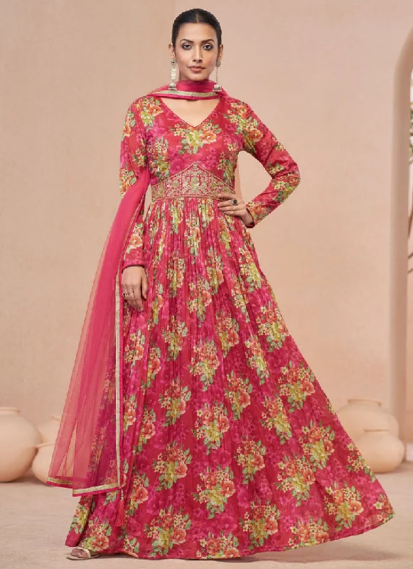 Price Rollback Rani Pink Floral Print And Handwork Embroidery Anarkali Style Gown