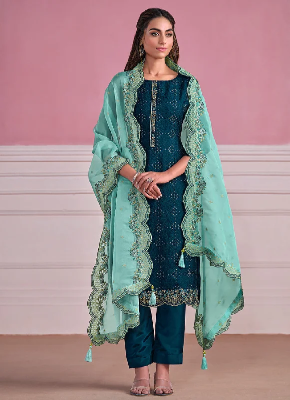Fantastic Offers Turquoise Two Tone Chikankari Embroidery Pant Suit