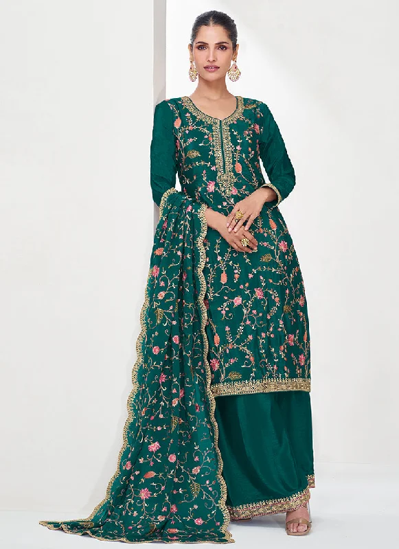 Instant Savings Green Floral Embroidery Festival Palazzo Suit