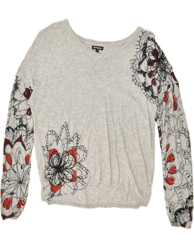 Price Rollback DESIGUAL Womens V-Neck Jumper Sweater UK 10 Small Grey Floral Cotton