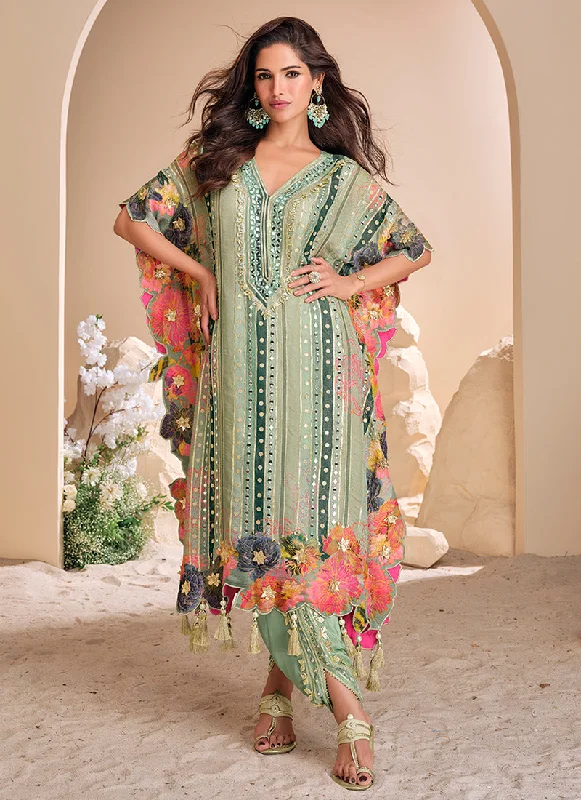 Final Markdown Sea Green Multi-Embroidery Poncho Style Pant Suit