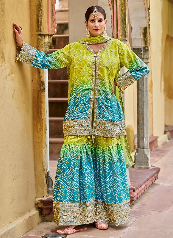 Mega Deal Green Turquoise Ombré Embroidered Sharara Suit