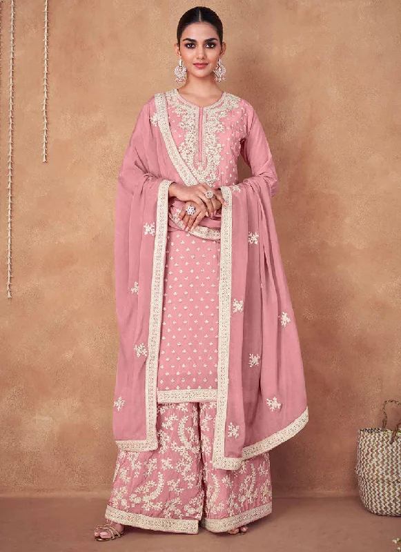 Steals and Deals Pink Golden Embroidery Wedding Gharara Style Suit