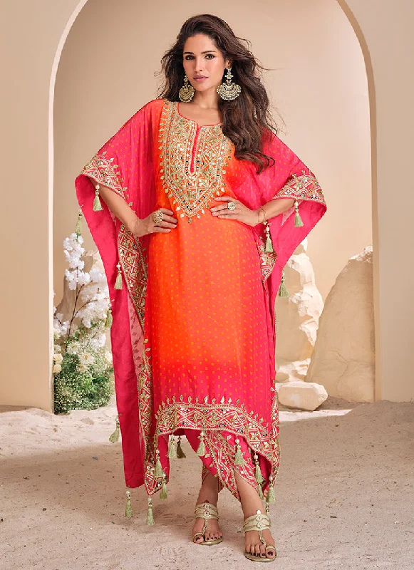 Exclusive Savings Pink Orange Multi-Embroidery Poncho Style Pant Suit