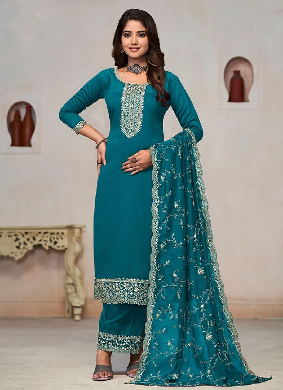 Exclusive Deal Turquoise Embroidery Pant Style Salwar Kameez Suit
