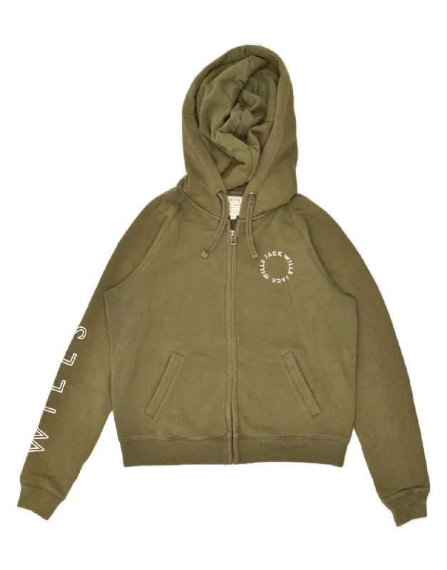 Super Bargain JACK WILLS Womens Graphic Zip Hoodie Sweater UK 12 Medium  Khaki Cotton
