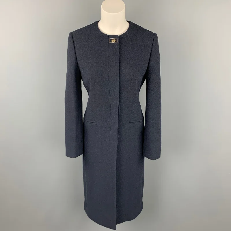Best Seller SALVATORE FERRAGAMO Size 4 Navy Wool / Silk Collarless Hidden Button Coat