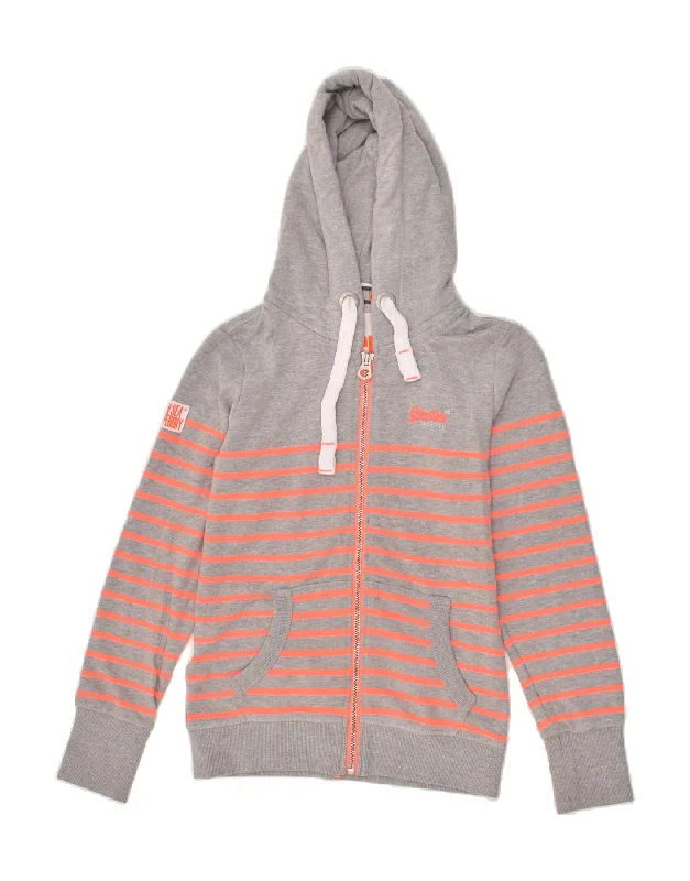 Year-End Sale SUPERDRY Womens Zip Hoodie Sweater UK 10 Small Grey Striped Polyester