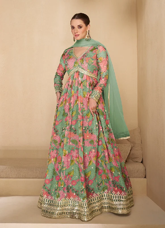 Year-End Clearance Mint Green Digital Printed Embroidered Anarkali Gown Dress