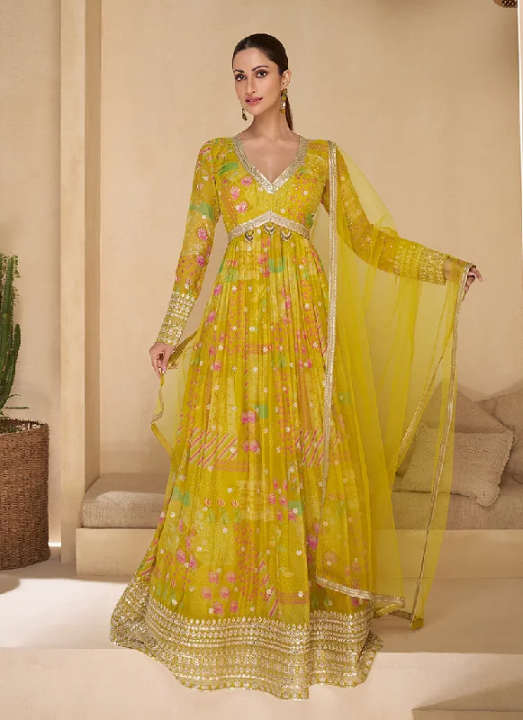 The Best Prices Yellow Digital Printed Embroidered Anarkali Gown Dress