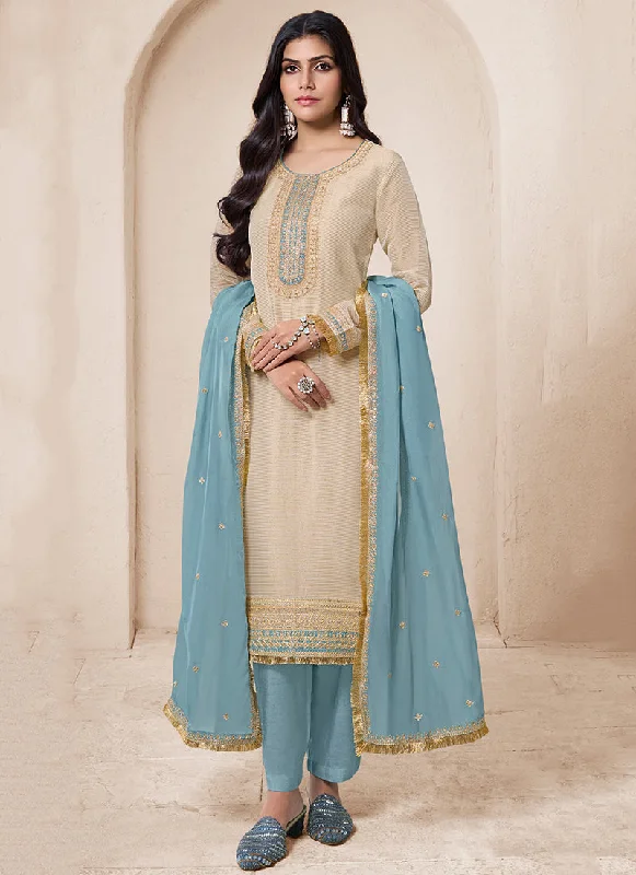 Best Deals Beige And Blue Traditional Embroidery Salwar Kameez Suit