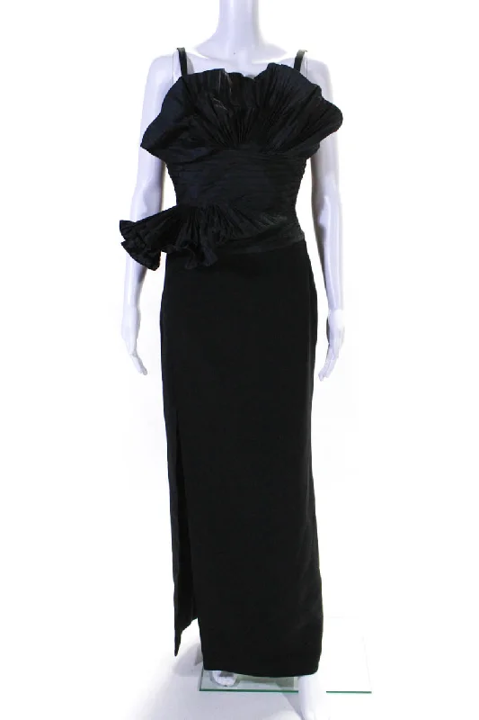 TIME-Limited Offer Elie Saab Womens Back Zip Pleated Ruffled Side Slit Midi Dress Black