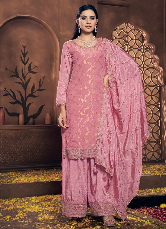 Deep Discounts Pink Golden Embroidery Festive Palazzo Suit