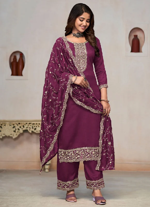 Flash Sale Wine Embroidery Pant Style Salwar Kameez Suit