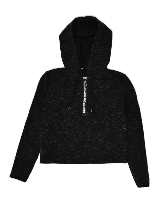 Season Finale Sale SUPERDRY Womens Graphic Hoodie Jumper UK 12 Medium Black Polyester
