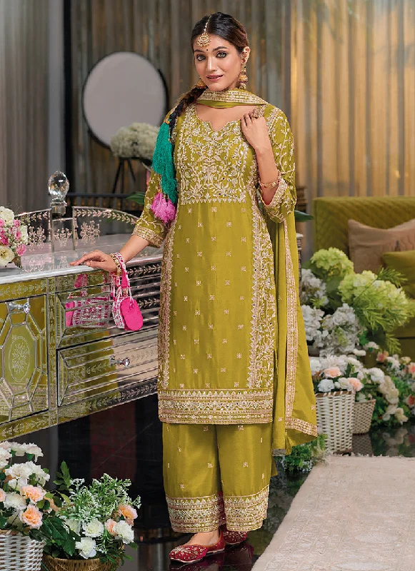 Now or Never Lime Green Traditional Embroidery Chinnon Palazzo Suit