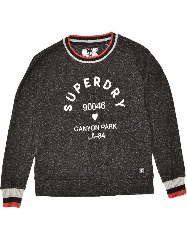 Price Reduction SUPERDRY Womens Graphic Crew Neck Jumper Sweater UK 10 Small Black Flecked
