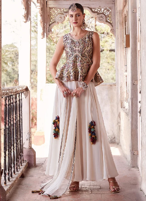 Limited Stock White Multicoloured Sequence Embroidery Printed Sharara Suit