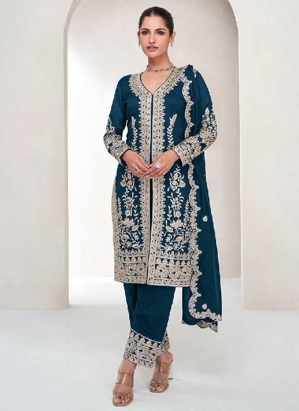 Major Savings Turquoise Embroidered Silk Salwar Kameez Suit