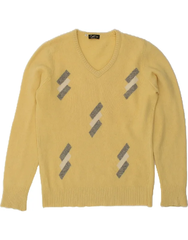 Price Drop VINTAGE Womens Graphic V-Neck Jumper Sweater IT 52 Large Yellow Striped