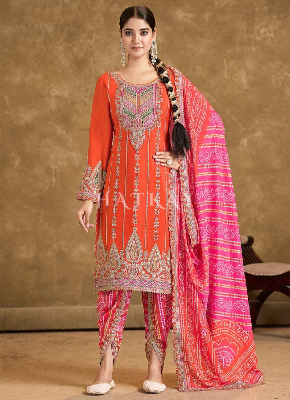 Price Cut Orange And Pink Multi Embroidered Dhoti Style Suit