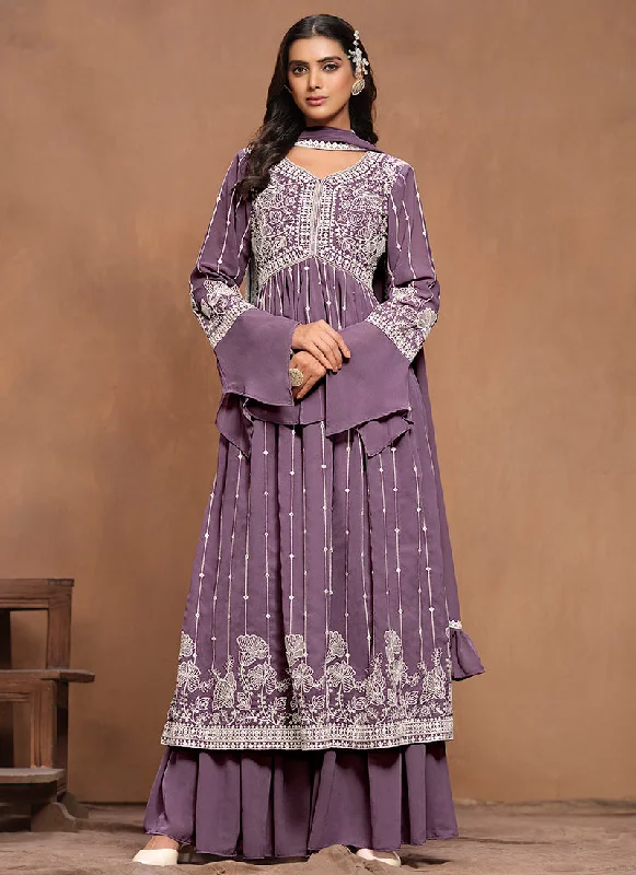 Price Reduction Purple White Embroidery Pleated Kurti Palazzo Suit