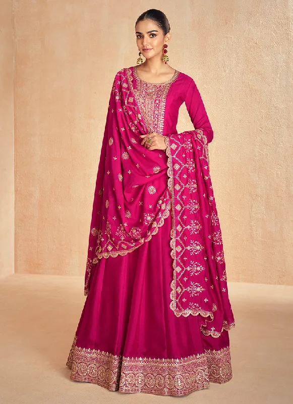New Arrival Magenta Pink Golden Embroidery Wedding Anarkali Suit