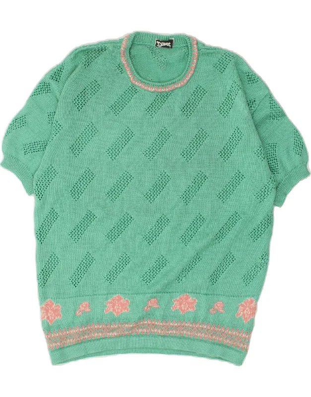 Stock Clearance VINTAGE Womens Short Sleeve Crew Neck Jumper Sweater UK 16 Large Green