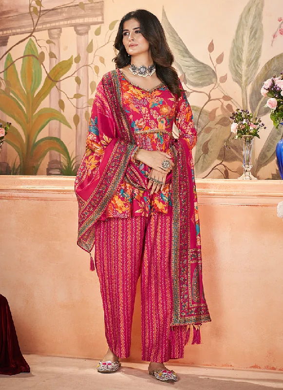 Limited Availability Rani Pink Digital Printed Peplum Pant Style Suit