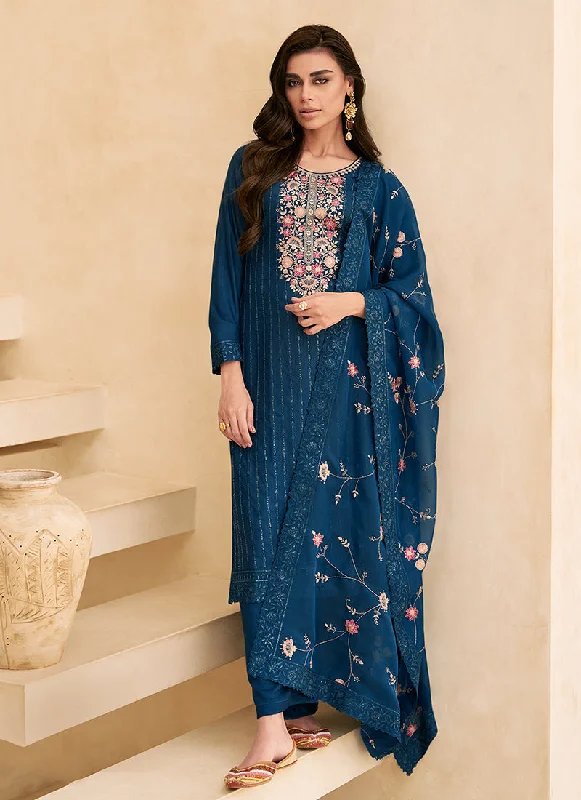Stock Clearance Turquoise Multi Floral Embroidery Pant Style Suit