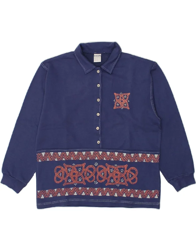 Limited Time Discount CAMPAGNOLO Womens Graphic Polo Neck Sweatshirt Jumper UK 16 Large Blue