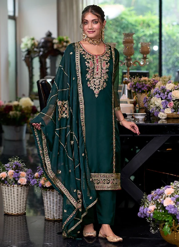 Stock Clearance Dark Green Traditional Embroidery Pakistani Pant Suit