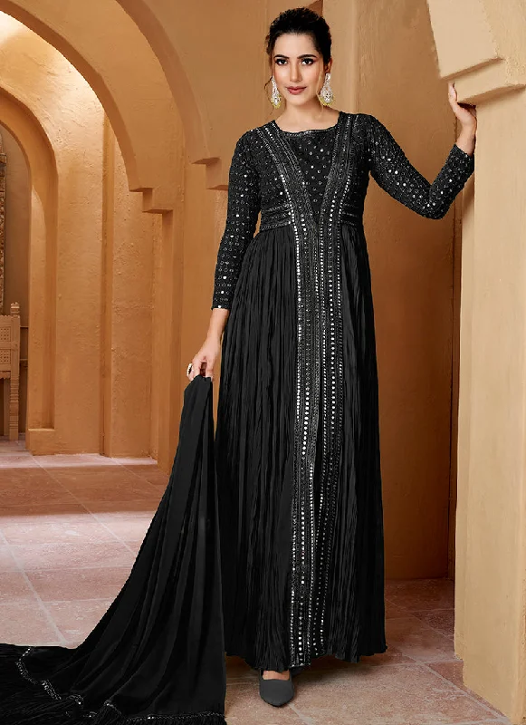 Price Cut Black Mirror Work Embroidery Slit Style Anarkali Suit