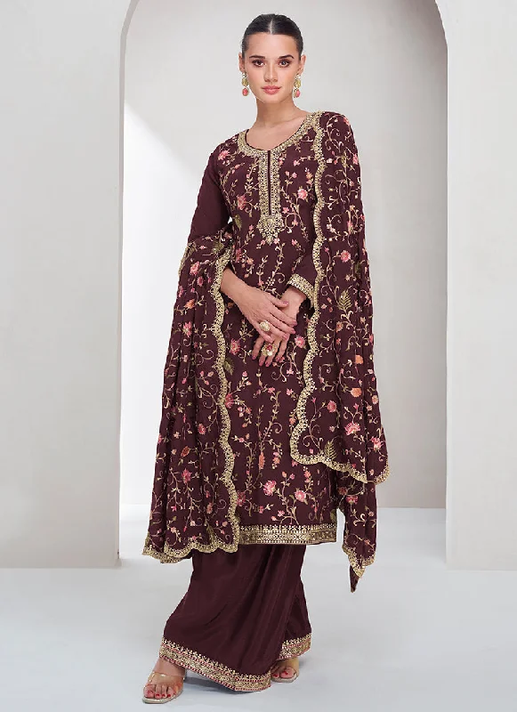 Loyalty Reward Maroon Floral Embroidery Festival Palazzo Suit