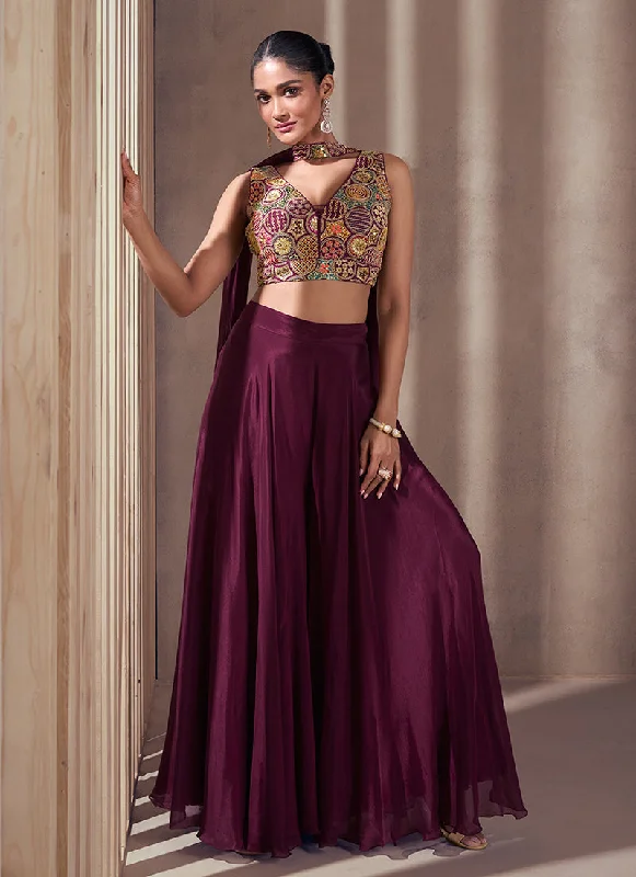 Daily Specials Deep Wine Multi Designer Embroidered Co-Ord Palazzo Set
