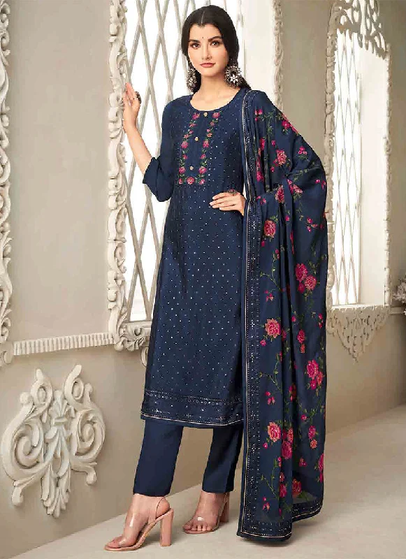 Buy More, Save More Dark Blue Floral Embroidery Traditional Salwar Kameez