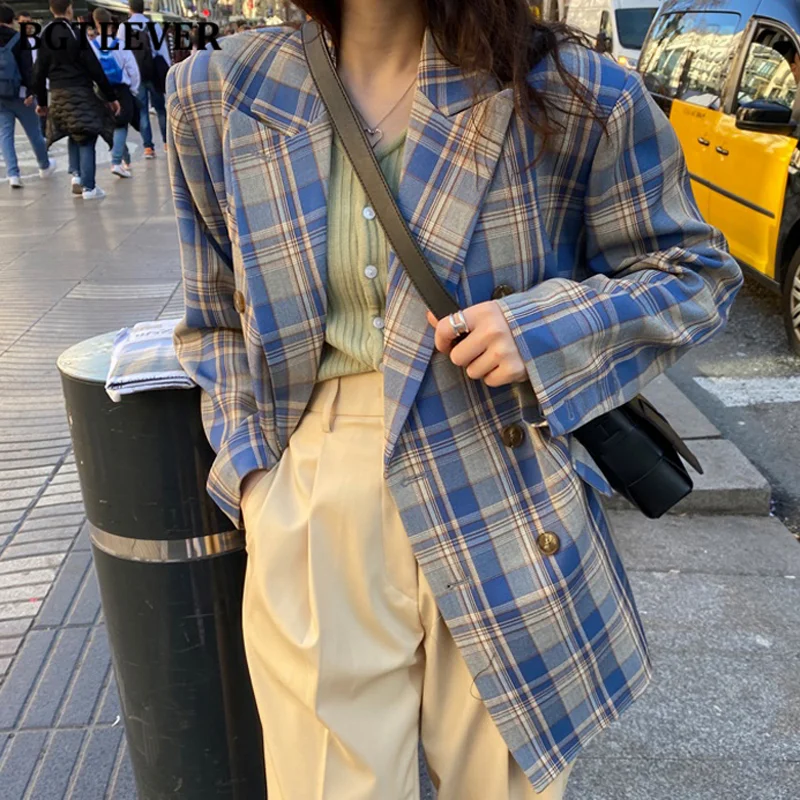 Exclusive Savings Vintage Loose Women Chic Double-Breasted Long Sleeves Color Blocking Plaid Blazer