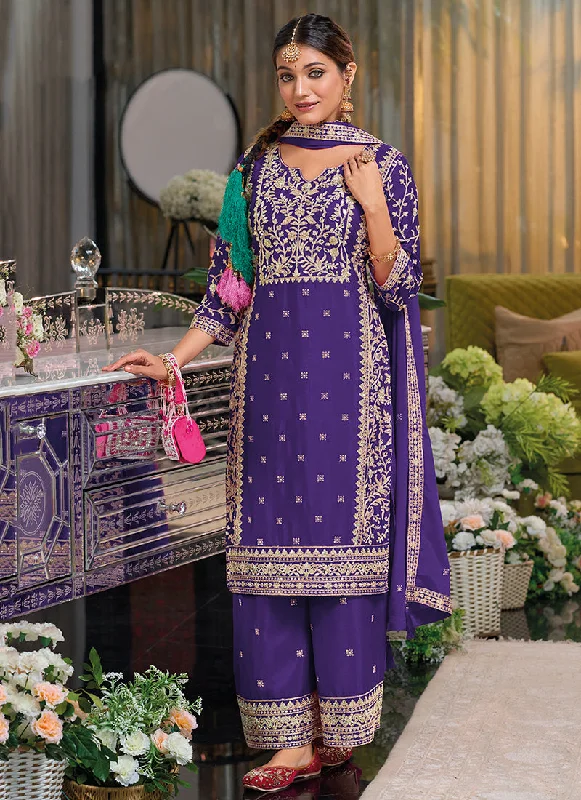Markdowns Indigo Purple Traditional Embroidery Chinnon Palazzo Suit