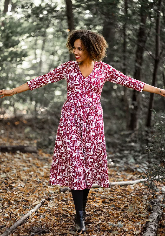 Special Discount Orin Red Winter Woodland Print Cotton Midi Dress