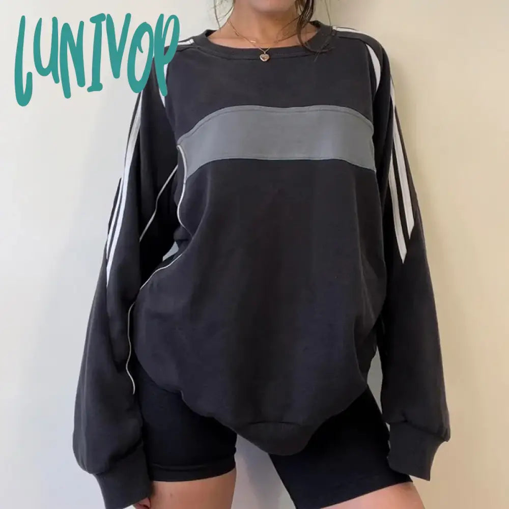 Year-End Clearance Lunivop Casual Black Patchwork Tops For Women Loose Long Sleeve O Neck Sweatshirt Autumn Y2K Harajuku Streetwear T-shirt Female Clothing