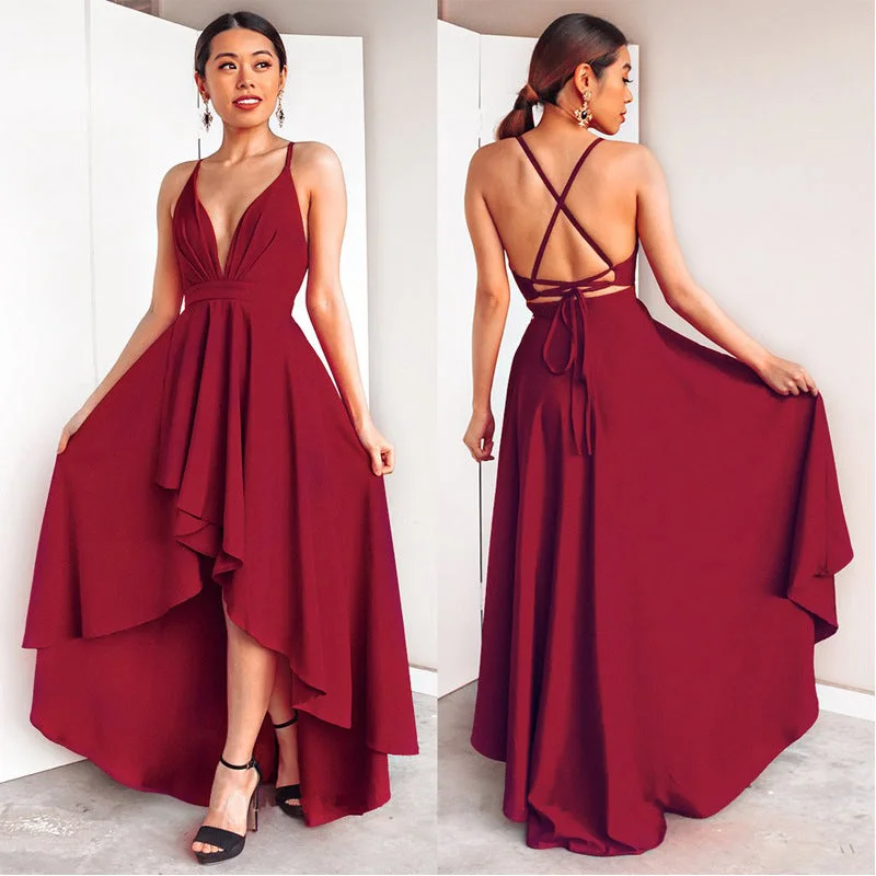 Super Sale Pure Color Sexy V-neck Sleeveless Irregular Long Prom Blackless Dress