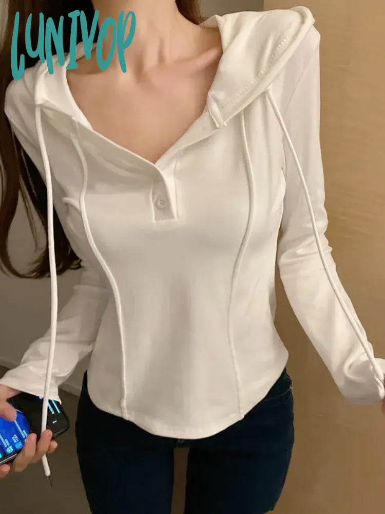 Unmissable Offer Lunivop Korean Style Slim Crop Hoodies Women Casual Pullovers Kpop Solid Hooded Sweatshirt White Long Sleeve Tops Autumn Fashion