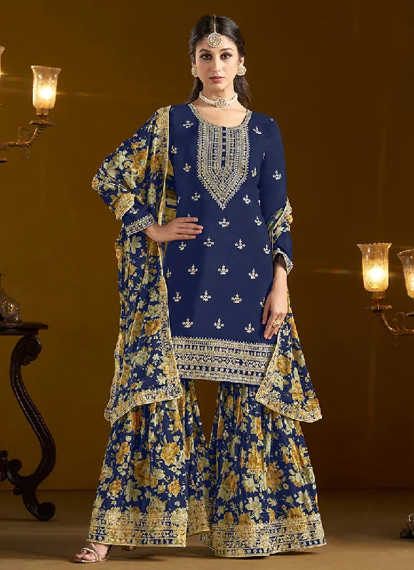 While Supplies Last Dark Blue Traditional Embroidery Gharara Style Suit